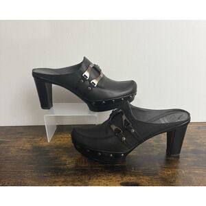 Stuart Weitzman Heeled Mules‎ Sandals Womens Sz 7.5N Black Buckle Nail Heads